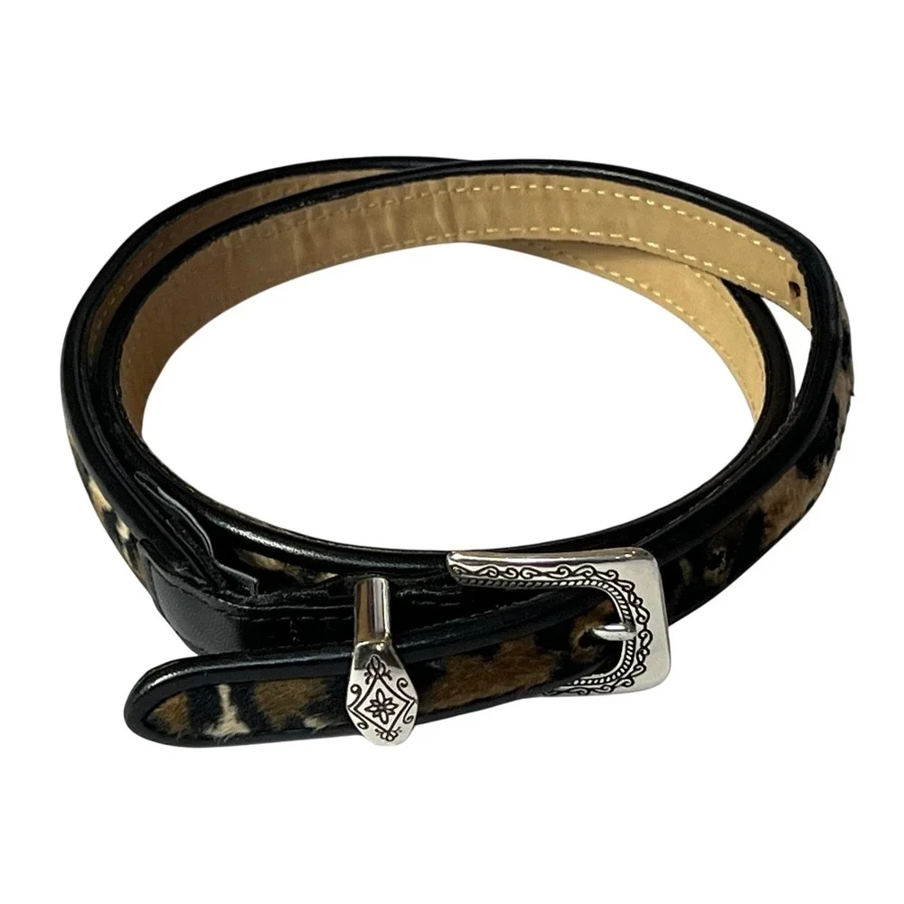 Brighton Womens Leopard Print Calf‎ Hair Leather Skinny Belt Silver Buckle M 30